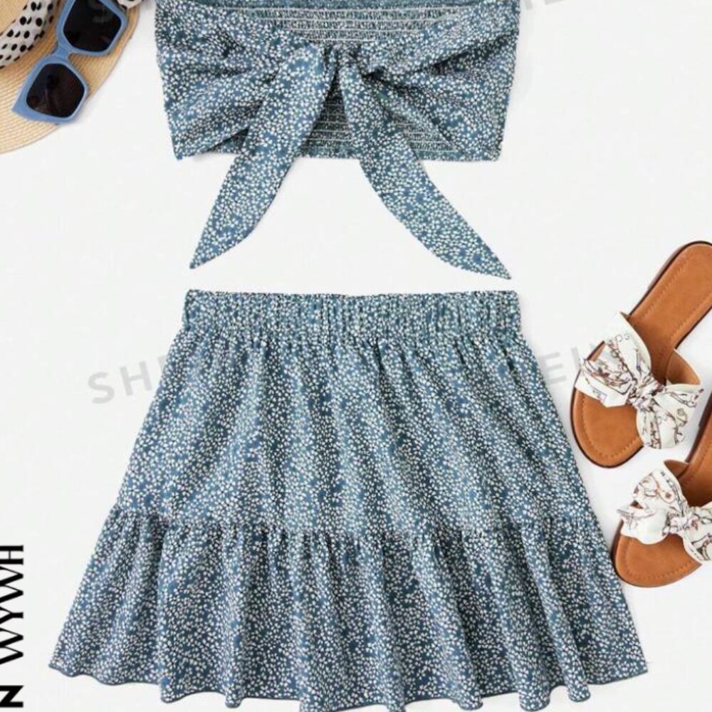 SHEIN WYWH Ditsy Floral Print Tie Front Tube Top & Ruffle Hem Skirt